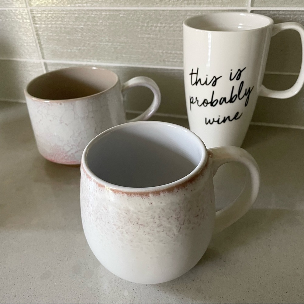 SET OF 3 Mugs Stoneware Speckled Pottery Glazed + ‘This Is Probably Wine’ mugs